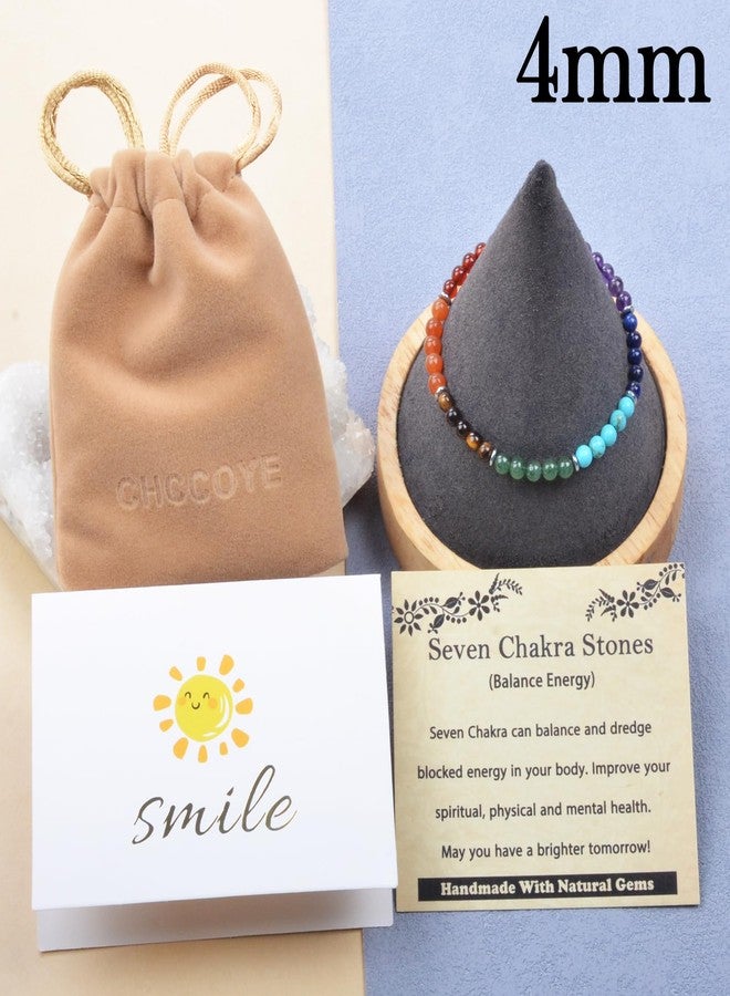CHCCOYE 4mm Handmade Adjustable Natural Gemstone Crystal Bracelet Healing Power Energy Inspirational Gifts with Card for Unisex (Seven Chakra Stones) - Image 4